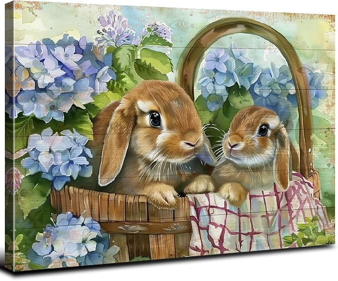 Rabbits Wall Art Easter Wall Decor Blue Flower in Basket Picture Canvas Prints Funny Bunny Poster Vintage Animals Painting Farmhouse Rustic Artwork Kitchen Bedroom Living Room Home Decoration 32x48"