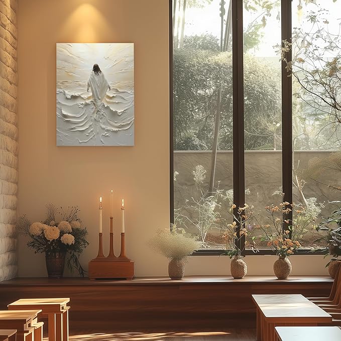 HLXRAE Framed Jesus Wall Art, White Christian Wall Decor, Jesus Walking On Water Poster Prints, Minimalist Christian Biblical Wrapped Canvas Artwork for Church Prayer Room Hospitals 16"x24"
