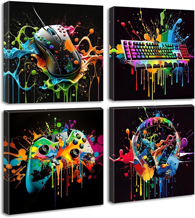 Gamer Room Decor for Boys - Game Wall Art Graffiti Gamepad Earphone Canvas Print Pictures Cool Video Gaming Poster Street Pop Men Cave Teen Bedroom Dorm Playroom Home Artwork Framed 12"X12"X4 Panels