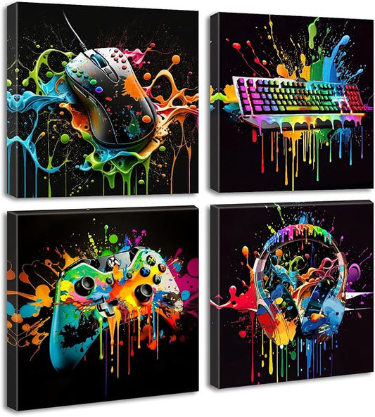 Gamer Room Decor for Boys - Game Wall Art Graffiti Gamepad Earphone Canvas Print Pictures Cool Video Gaming Poster Street Pop Men Cave Teen Bedroom Dorm Playroom Home Artwork Framed 12"X12"X4 Panels