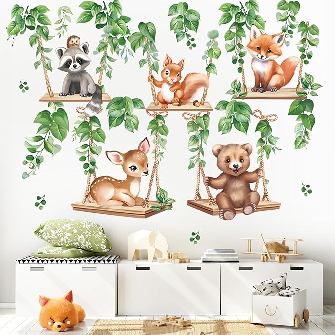 wondever Woodland Animal on Swings Wall Stickers Baby Bear Deer Fox Leaves Peel and Stick Wall Art Decals for Children Nursery Kids Bedroom Living Room