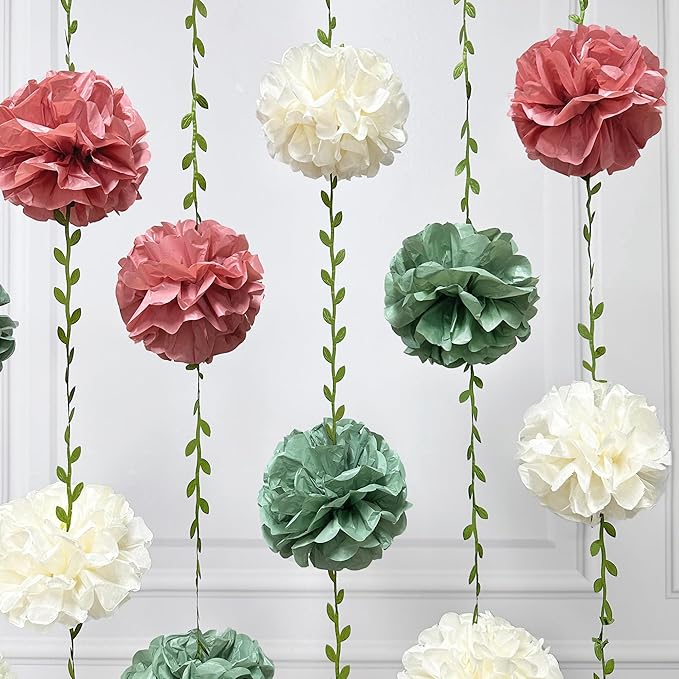Sage Green Dusty Rose Pink Beige Tissue Paper Flowers Pom Pom with Leaf Ribbon Hanging Garland Streamer for Girl Safari Woodland Jungle Baby Shower Birthday Wedding Garden Party Decorations Supplies