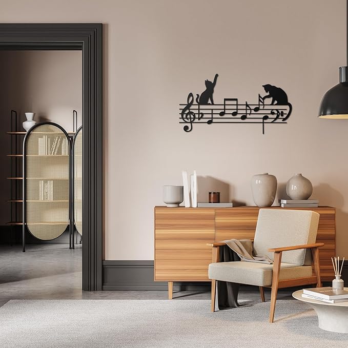 Otoolling Cat Playing Music Wall Decor Metal Black Cat Wall Art Hanging Signs Home Decor for Living Room Bedroom Bathroom Office Cats Lover Gifts (Fun,13.78 x 11.81 in)
