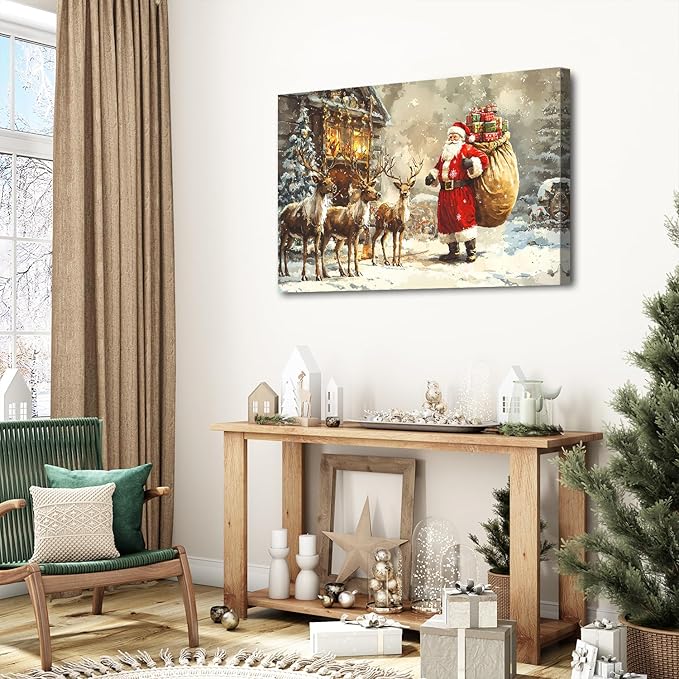 Vintage Christmas Wall Art Rustic Farmhouse Santa Claus Wall Decor Winter Deer Canvas Pictures Christmas Tree Santa and Reindeer Painting Artwork for Living Room Bathroom Home Decorations 24x36"