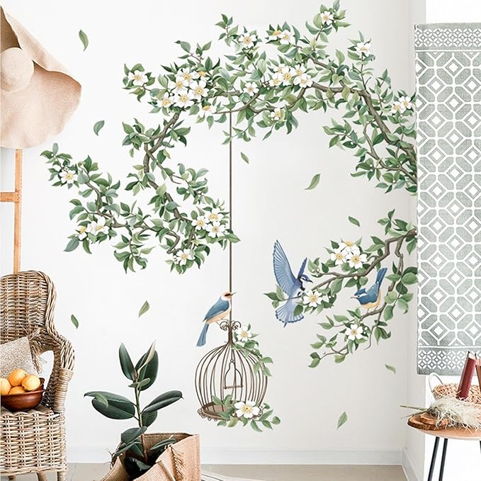 White Flower Wall Stickers, Removable DIY Romantic Cherry Blossom Tree Wall Murals Peel and Stick Wall Art Stickers Home Decor for Gilrs Bedroom Nursery Rooms Living Room