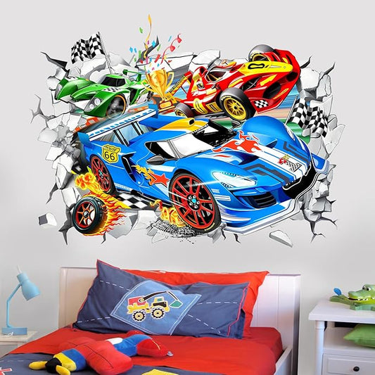 wondever Large 3D Racing Car Wall Stickers Vehicles Break Through Peel and Stick Wall Art Decals for Boys Room Kids Bedroom Playroom
