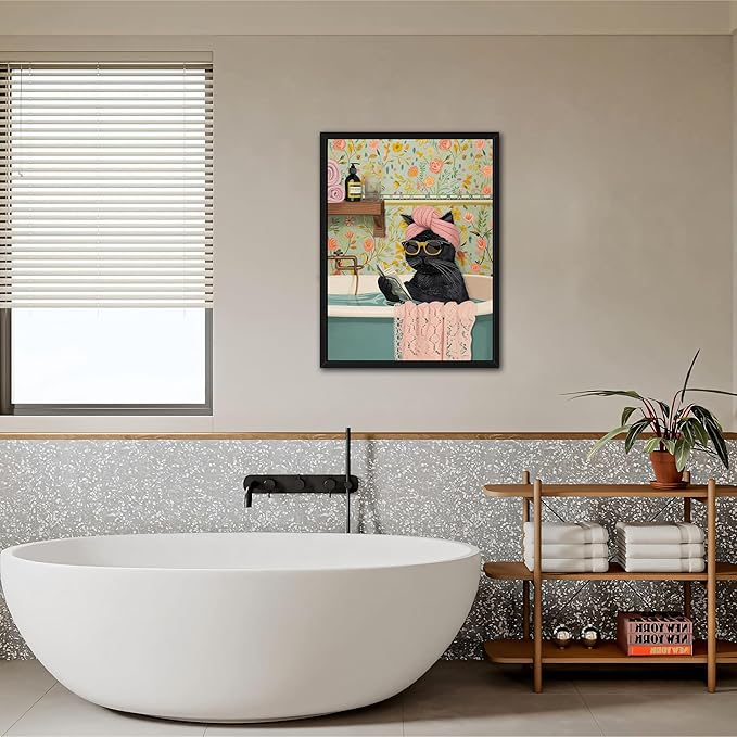 Floating Framed Bathroom Cat Canvas Wall Art, Funny Black Cat Reading Wall Decor, Cute Animal Prints Pictures Posters for Living Room Bedroom Toilet Kids Room Paintings 12x16 inch