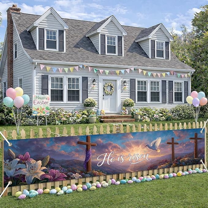 He Is Risen Easter Banner Resurrection Cross Sunrise Spring Christian Decor 118×20 inch Religious Faith Banner for Church Yard Fence Door Wall Indoor Outdoor Display