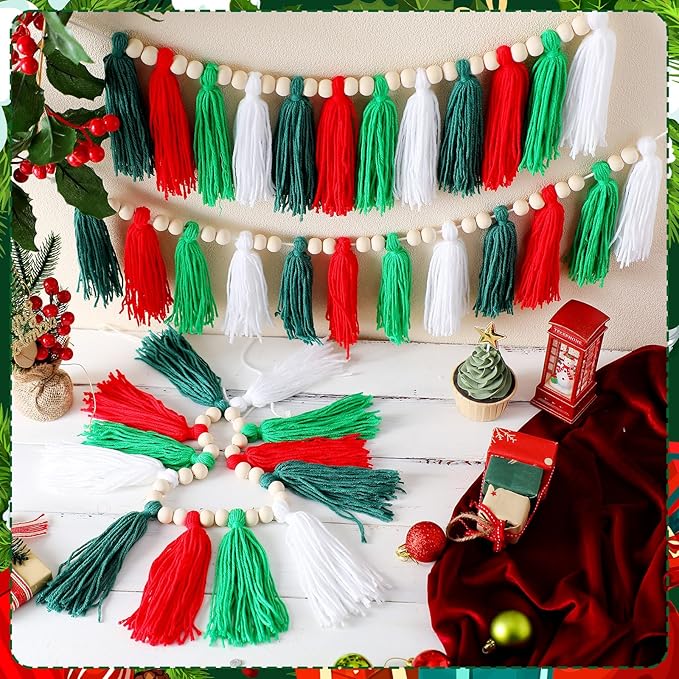 Zeyune 3 Pcs Christmas Tassel Garlands Red Green White Tassels Hanging Decor Xmas Rainbow Wall Hanging with Wood Beads for Christmas Party Supplies Bedroom Baby Shower