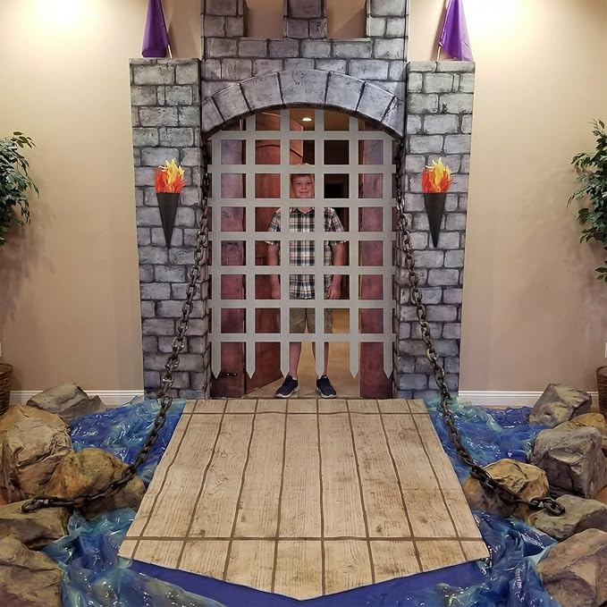 Frienda 105 Pcs Medieval Party Decorations Kit 5.9x6.6 ft Medieval Castle Backdrop Prison Fence Door Cover Fence Rug with 2 Torch Props 100 Paper Chain Brick Stone Fort for Knight Castle Photo Props