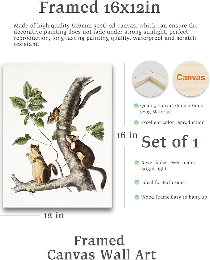 KensTro Vintage Framed Wall Art,12" x 16" Wood Framed Canvas Wall Art,Three Cute Squirrels Crawl on Tree Branch Modern Abstract Patterns for Bedroom Living Room,Minimalist Office Wall Decor,1Pack Gift