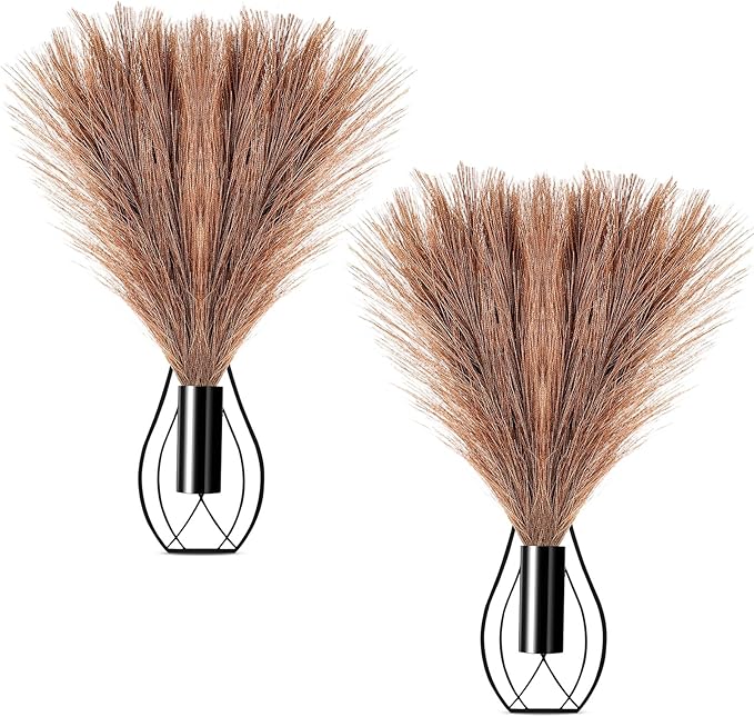 Otoolling 2 Pieces Hanging Plant Wall Decor with Artificial Pampas Grass Metal Hanging Vase Modern Geometric Farmhouse Bohemian Wall Art for Living Room Bedroom Kitchen Bathroom Office(Black, Brown)