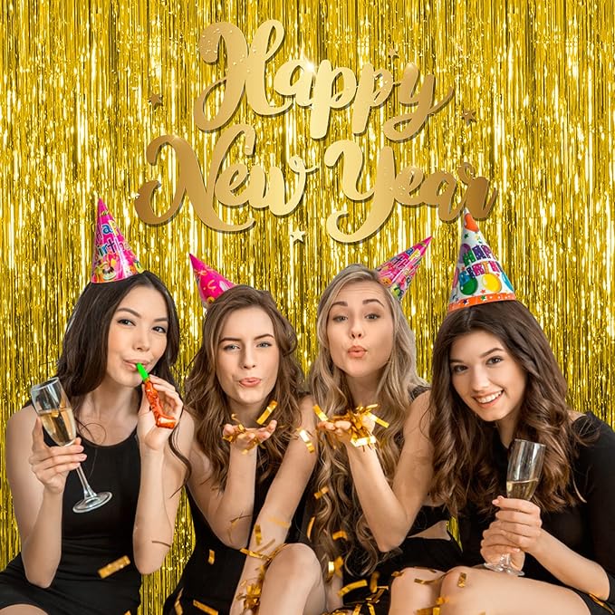 5 Pack Gold Fringe Curtain Backdrop Tinsel Streamers Birthday Party Decorations Christmas Photo Booth Backdrop Halloween New Year Graduation Baby Shower Theme Party Decorations