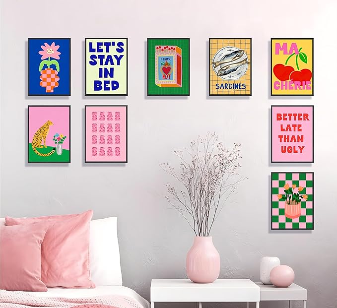 JWDXNOOK 9pcs Colorful Eclectic Wall Art Fashion College Room Aesthetic Posters Wall Decor Vintage Simple Canvas Paintings Prints Suitable for Teen Girls Dormitory Wall Decoration Unframed