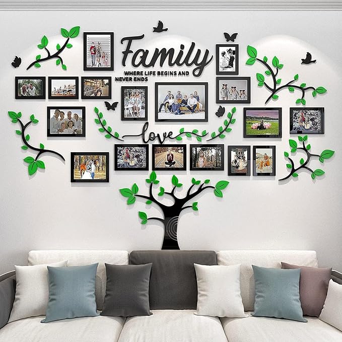 Family Tree Wall Decor - Picture Frames Collage 4x6 5x7 8x10 11x14 3D DIY-Acrylic Photo Frame for Living Room （Green 57 * 81in）
