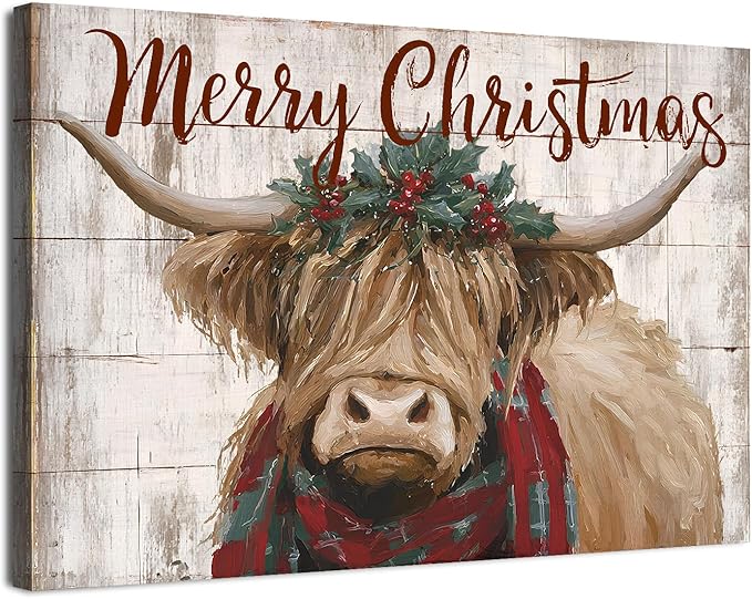 Merry Christmas Wall Art Farmhouse Highland Cow Pictures Wall Decor for Living Room Rustic Country Farm Animal Canvas Prints Vintage Christmas Artwork for Kitchen Dining Room Home Decorations 32x48"