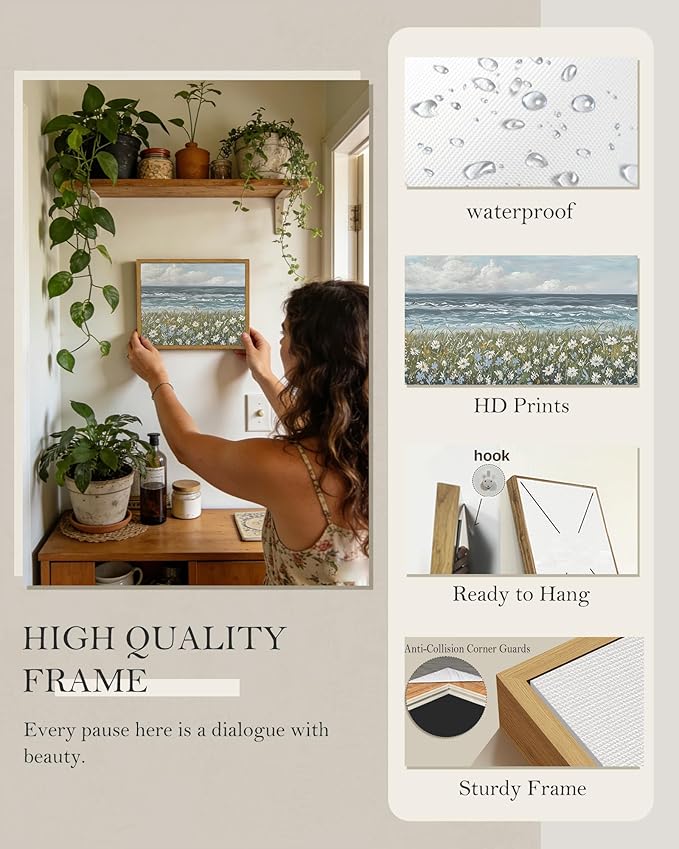 SHENIFY Vintage Landscape Framed Wall Art Sea Coastal Wildflower Field Scenery Farmhouse Decor Retro Painting for Living Room Bedroom Ready to Hang Wall Artwork - 8x10in Natural Framed