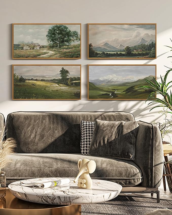 SHENIFY Vintage Framed Wall Art Country Village Landscape Painting Retro Mountain Meadow Scenery Farmhouse Kitchen Living Room Decor - 8x16in Natural Framed