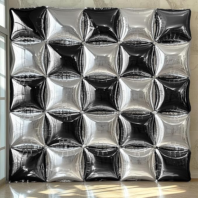 NISOCY 25PCS Black Silver Square Foil Balloons Wall Backdrop Double Sided Black Silver Balloon Arch Kit for New Year Birthday Wedding Graduation Anniversary Party Decorations