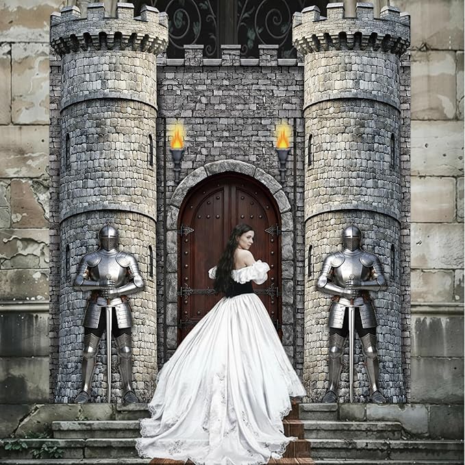 4 Pcs Medieval Door Decorations Set Knight Castle Door Covers Stone Tower Castle Hanging Banners for Medieval Knight Theme Classroom Office Home Party Photography Photo Background Decoration