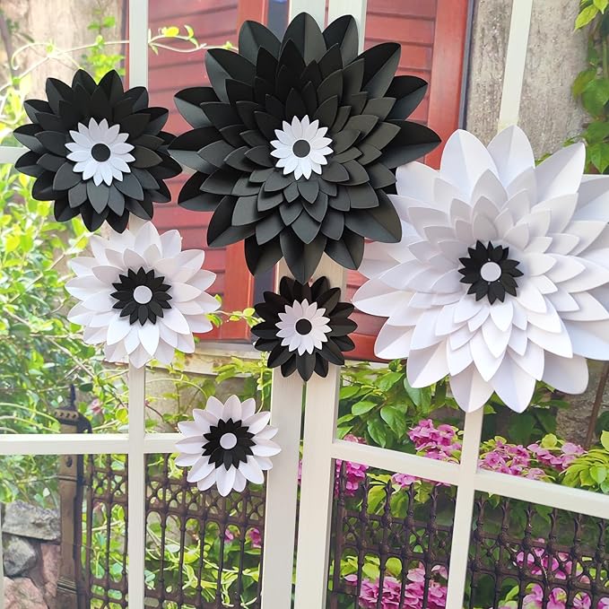 Black White Paper Flower for Wall (11''-7'' Assorted) DIY Floral Party Backdrop Nursery Room Baby Shower Girls Birthday New Year Party Photo Backdrop Pack of 6