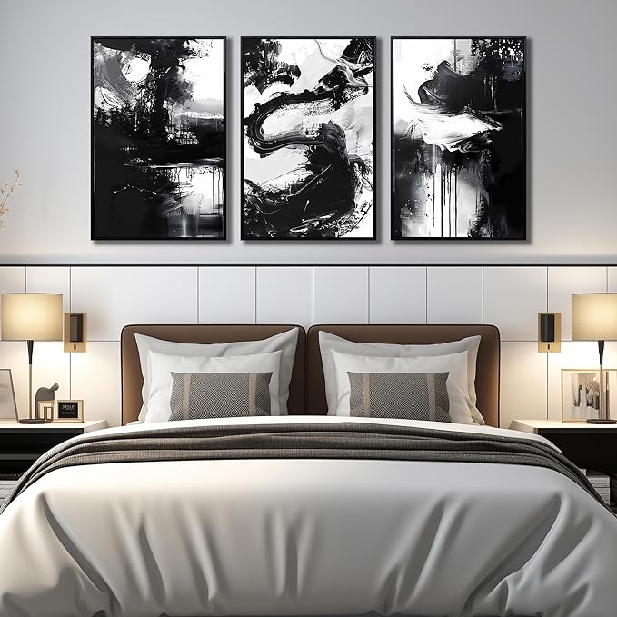Abstract Wall Art for Living Room, Framed Canvas Wall-Decor for Bedroom, Black and White Picture Prints, Size 24 x 36 Inches 3-Pieces