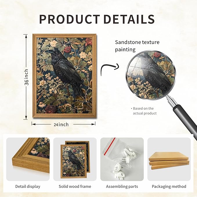 Framed 3D Textured Vintage Wall Art - Dark Academia Decor Hand Drawn Sandstone Black Crow Paintings with Botanical Florals, Aesthetic Wall Decor for Living Room Bedroom Home 24x36 inch