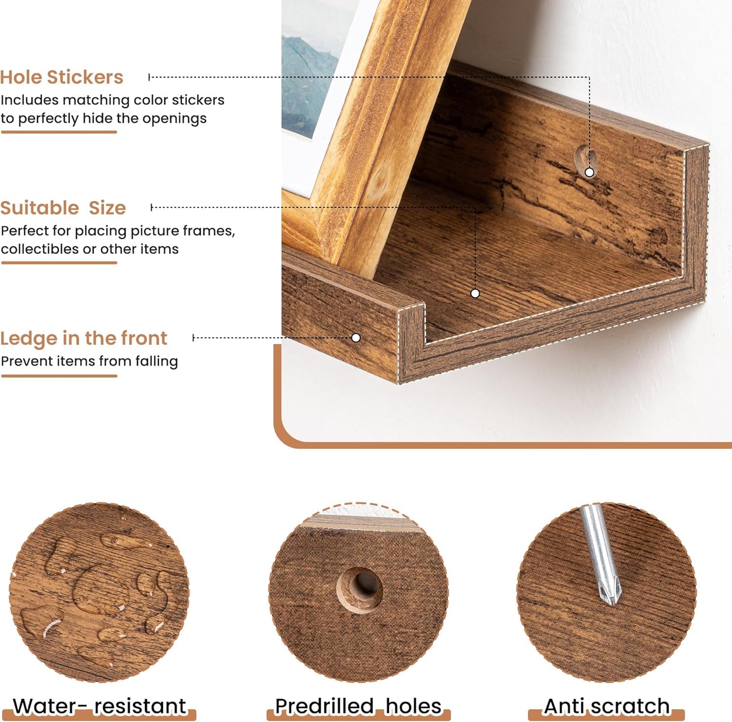 Fun Memories Picture Ledge Shelves Set of 2, 36 Inch Rustic Wall Mounted Floating Shelves with Lip for Home Storage and Décor in Bathroom, Kitchen, Nursery, Bedroom, Living Room, Brown