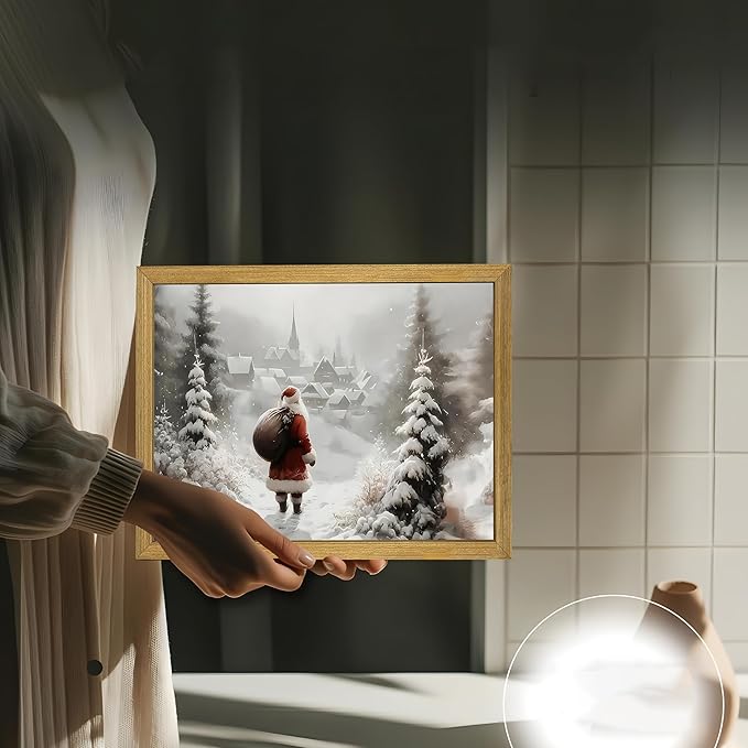 Vintage Christmas Canvas Wall Art, Wood Framed Santa Claus Wall Decor Painting, Rustic Farmhouse Winter Snow Scene Poster Print Picture 8x10 inch, Best Holiday Decor for Living Room Bedroom Home