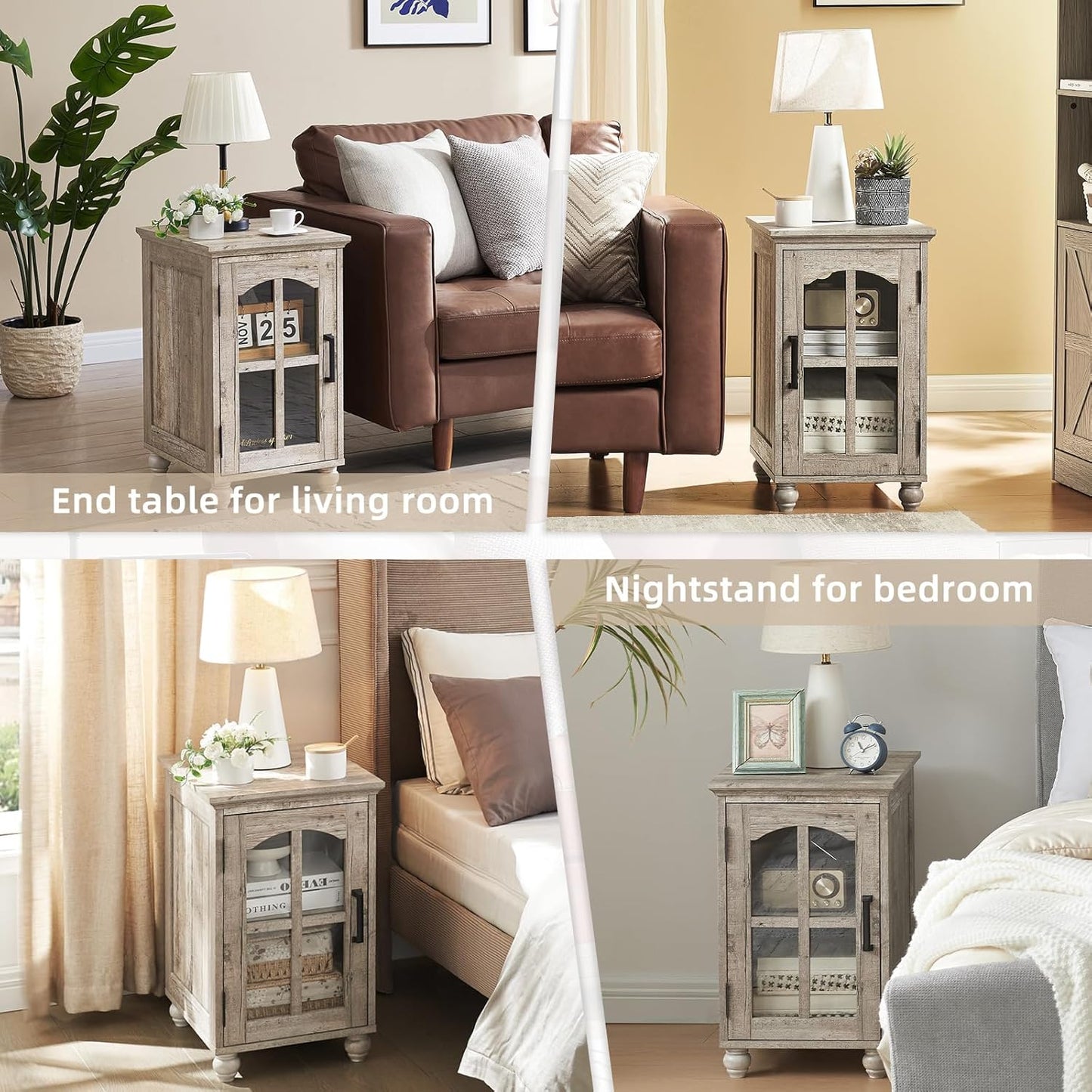 Narrow Side Table,Farmhouse Nightstand with Charging Station,Wood End Table with Glass Barn Door Storage, Cabinet Organizer with Adjustable Shelf, Night Stand for Small Spaces for Living Room Bedroom