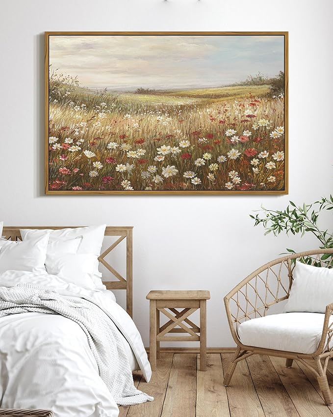 SHENIFY Vintage Framed Wall Art Meadow with Flowers Landscape Scenery Home Decor Retro Wildflower Field Decorations for Farmhouse Bedroom Ready to Hang Wall Artwork - 24x36in Natural Framed