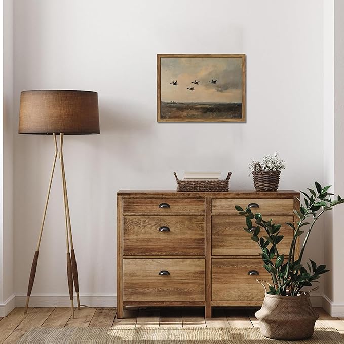 Framed Flying Ducks Canvas Wall Art, Rustic Countryside Landscape Painting, Vintage Birds Poster Print, Modern Farmhouse Ducks Wall Decor for Living Room Bedroom – 8x10 inch