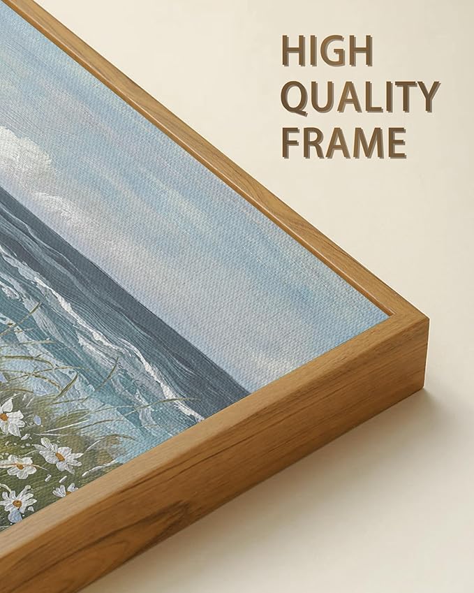 SHENIFY Vintage Landscape Framed Wall Art Sea Coastal Wildflower Field Scenery Farmhouse Decor Retro Painting for Bedroom Living Room Ready to Hang Wall Artwork - 8x16in Natural Framed