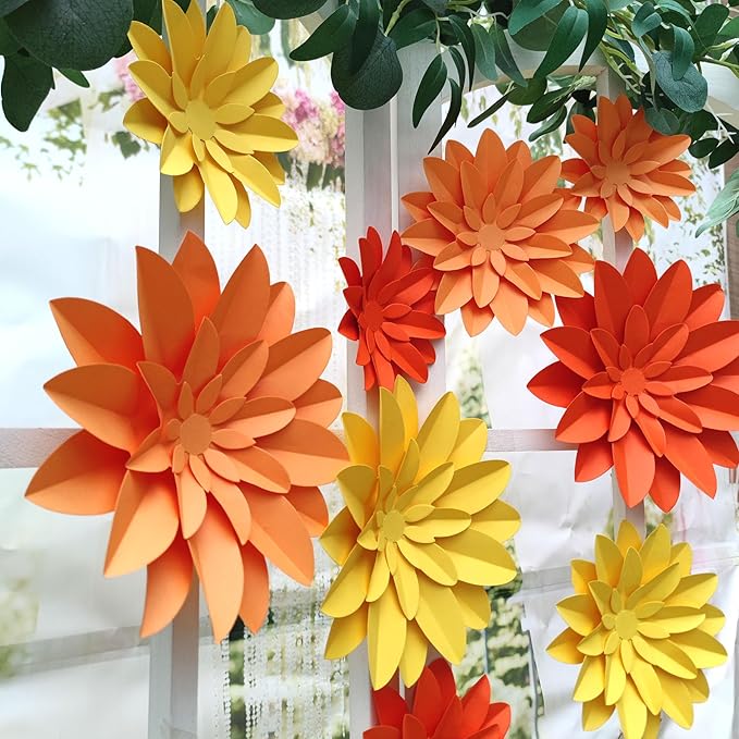 Orange Flower (9 inch-6 inch) for Fall Autumn Thanksgiving Harvest Party Wall Wedding Backdrop Bridal Shower Centerpieces Home Wall Decor Pack of 9