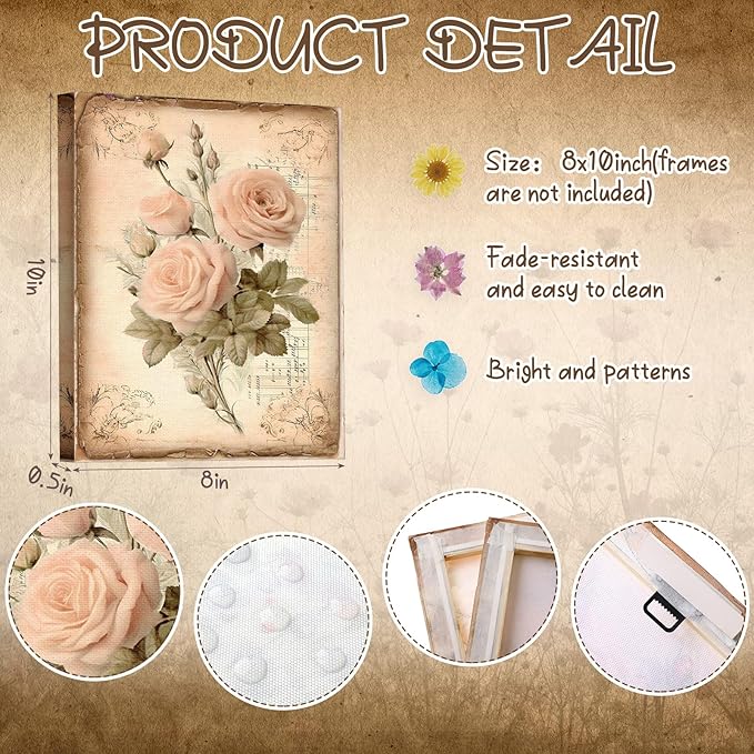 Vercraft 6 Pcs Vintage Flowers Canvas Wall Pink Rose Grandmillennial Home Wall Decor Retro Floral Pictures Farmhouses Wedding Decor for Home Office Bedroom Plant Printing Painting, 8 x 10 Inch