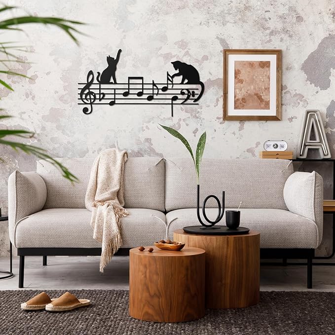 Otoolling Cat Playing Music Wall Decor Metal Black Cat Wall Art Hanging Signs Home Decor for Living Room Bedroom Bathroom Office Cats Lover Gifts (Fun,13.78 x 11.81 in)