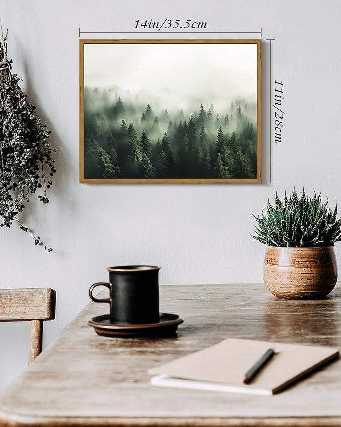 SHENIFY Green Fog Pine Tree Forest Vintage Framed Wall Art Modern Landscape Scenery Farmhouse Artwork Prints Decor for Kitchen Living Room Bedroom Bathroom - 11x14in Natural Framed