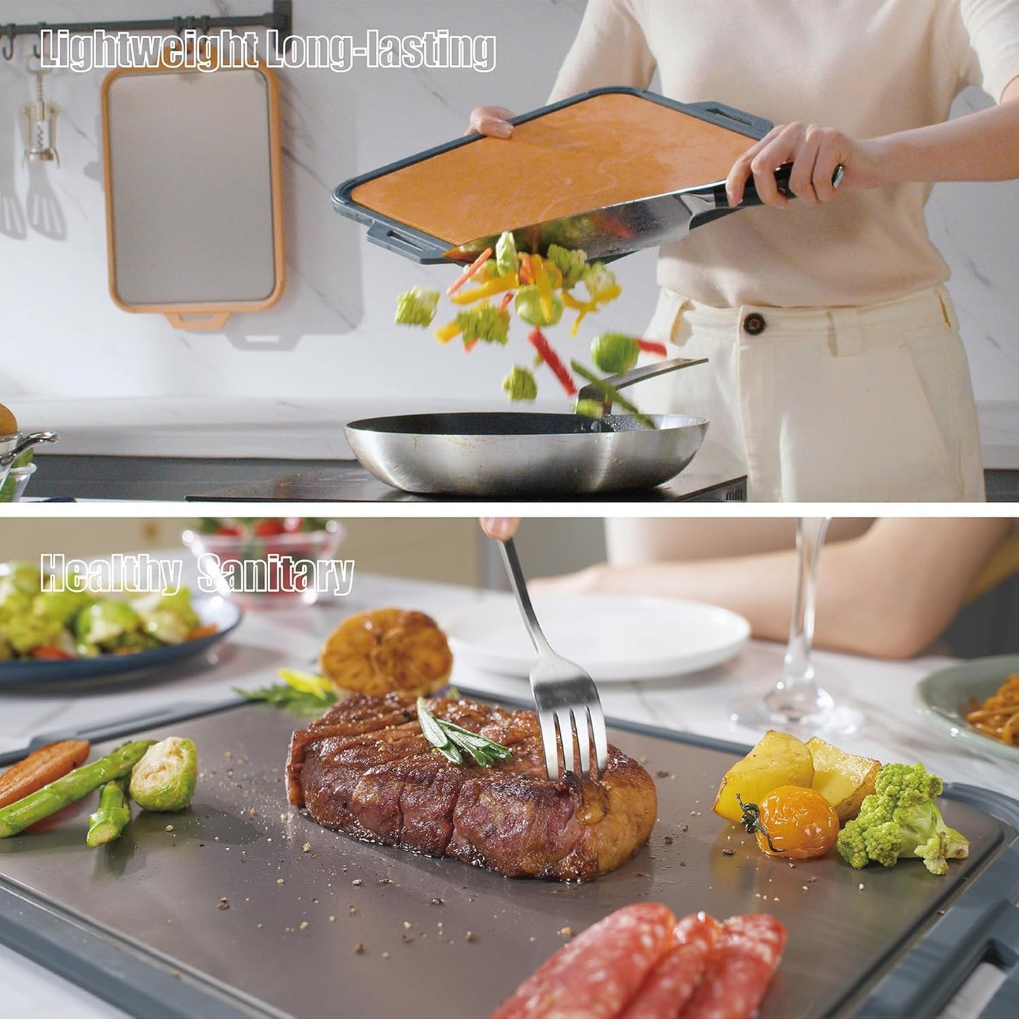 GUANCI Pure Titanium Cutting Board, Double Sided Cutting Board for Kitchen, Pure Titanium/Wood Fiber Composite with Juice Groove Dishwasher Safe 16"L x 11"W