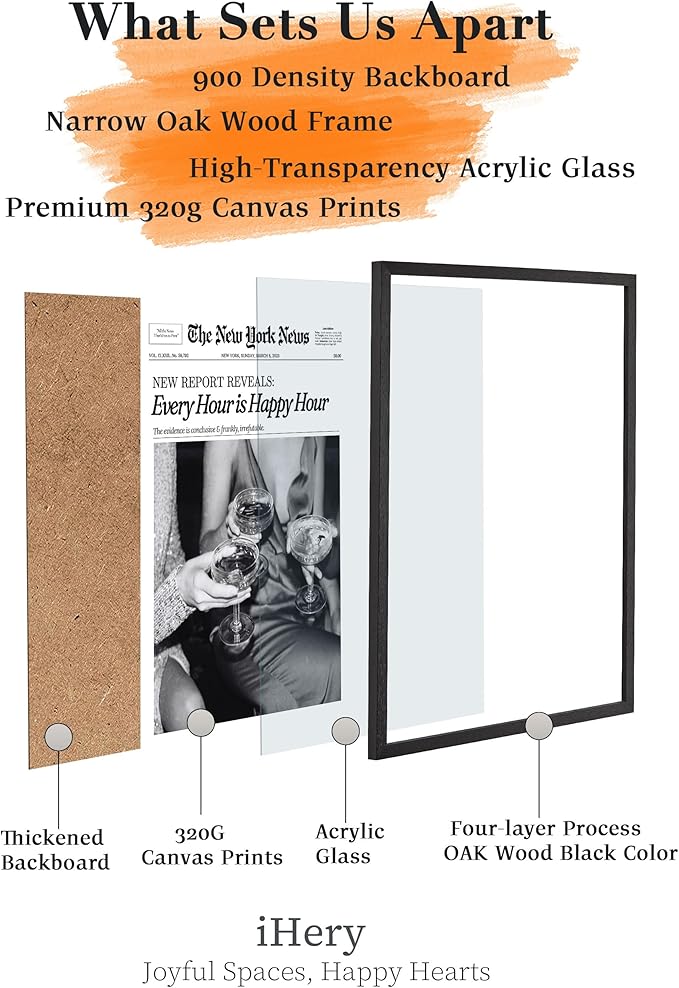 iHery Premium 16x20in Natural Black OAK Wood Trendy Every Hour is Happy Hour Framed Wall Art, Retro Aesthetic Posters Canvas Wall Decor For Girly Dorm Bedroom Bathroom Living Room 1Pack