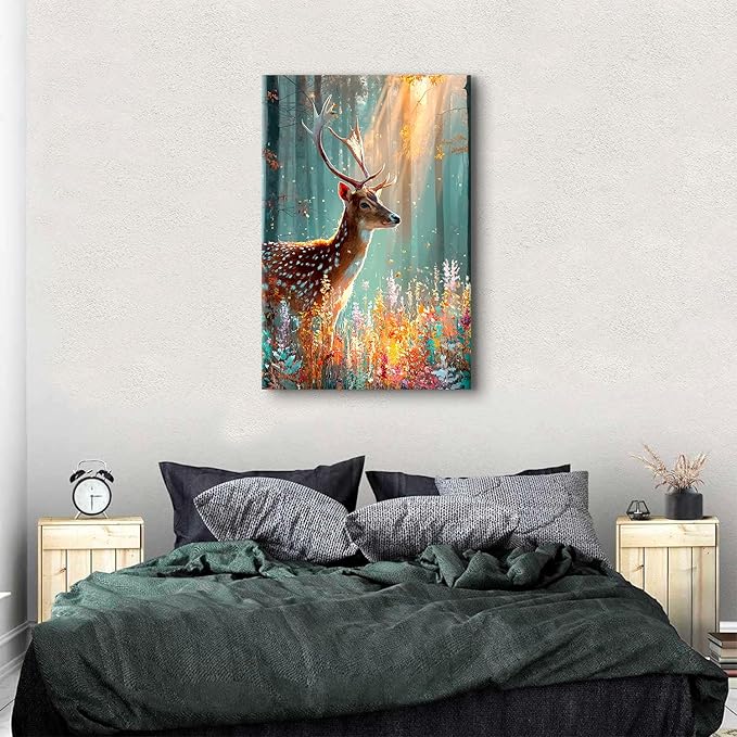 Fall Forest Wall Art Deer Wall Decor Rustic Wildlife Animal Painting Nature Autumn Landscape Canvas Prints Colorful Flowers Picture Farmhouse Elk Artwork for Kitchen Living Room Home Decoration 32x48"