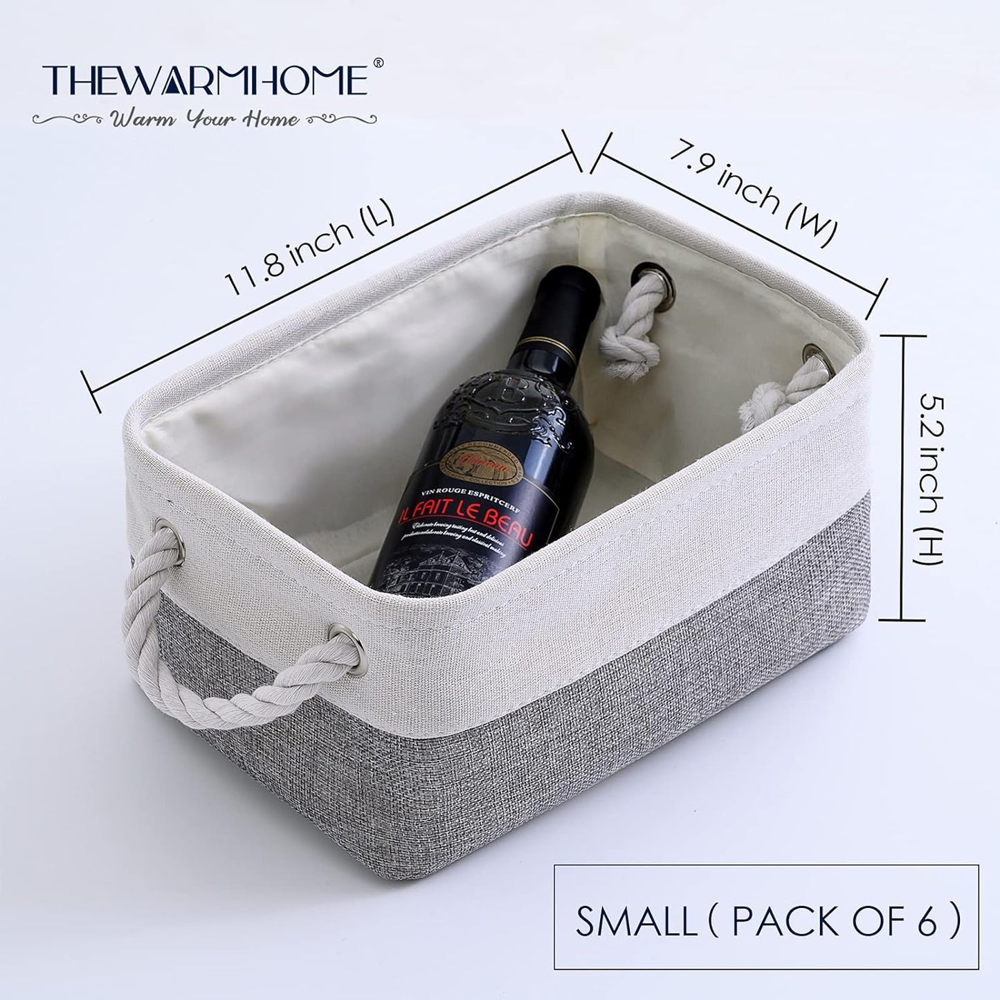 TheWarmHome Small Storage Baskets for Organizing,Storage Baskets for Shelves,Small Fabric Storage Bins W/Handles For Closet Nursery Toy Decorative Foldable (White&Grey, 11.8L*7.9W*5.2H-6 Pack)