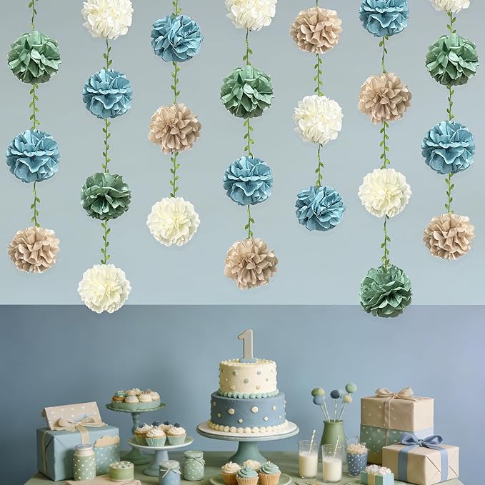 Sage Green Dusty Blue Khaki Beige Tissue Paper Flowers Pom Pom with Leaf Ribbon Hanging Garland Streamer for Birthday Baby Shower Wedding Engagement Silly Goose Themed Party Decorations Supplies