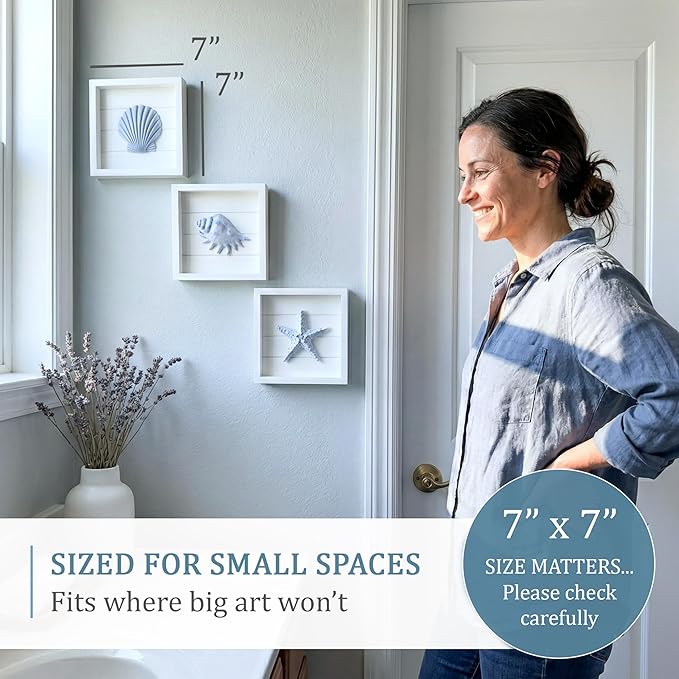 TideAndTales Blue Seashells and Starfish (Framed Set of 3) Coastal 3D Wall Art, Beach Wall Decor for Bathroom or Coastal Bedroom, Ocean Inspired Seaside Decorations for Home or Beach House (7"x7")