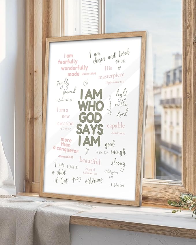 KensTro Christian Bible Verse Framed Wall Art, 12x16 in Sage and Pink Scripture Canvas Wall Art Prints,Godly Identity Poster for Christian Teen Girl Gifts Trendy Stuff Room Decor Set of 1