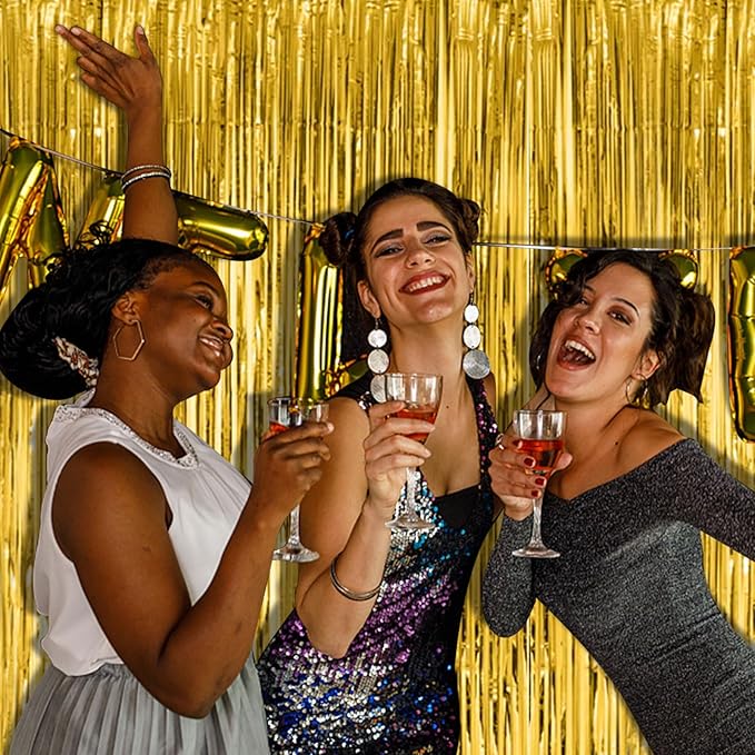 2 Pack Gold Fringe Curtain Backdrop Tinsel Streamers Birthday Party Decorations Christmas Photo Booth Backdrop Halloween New Year Graduation Baby Shower Theme Party Decorations