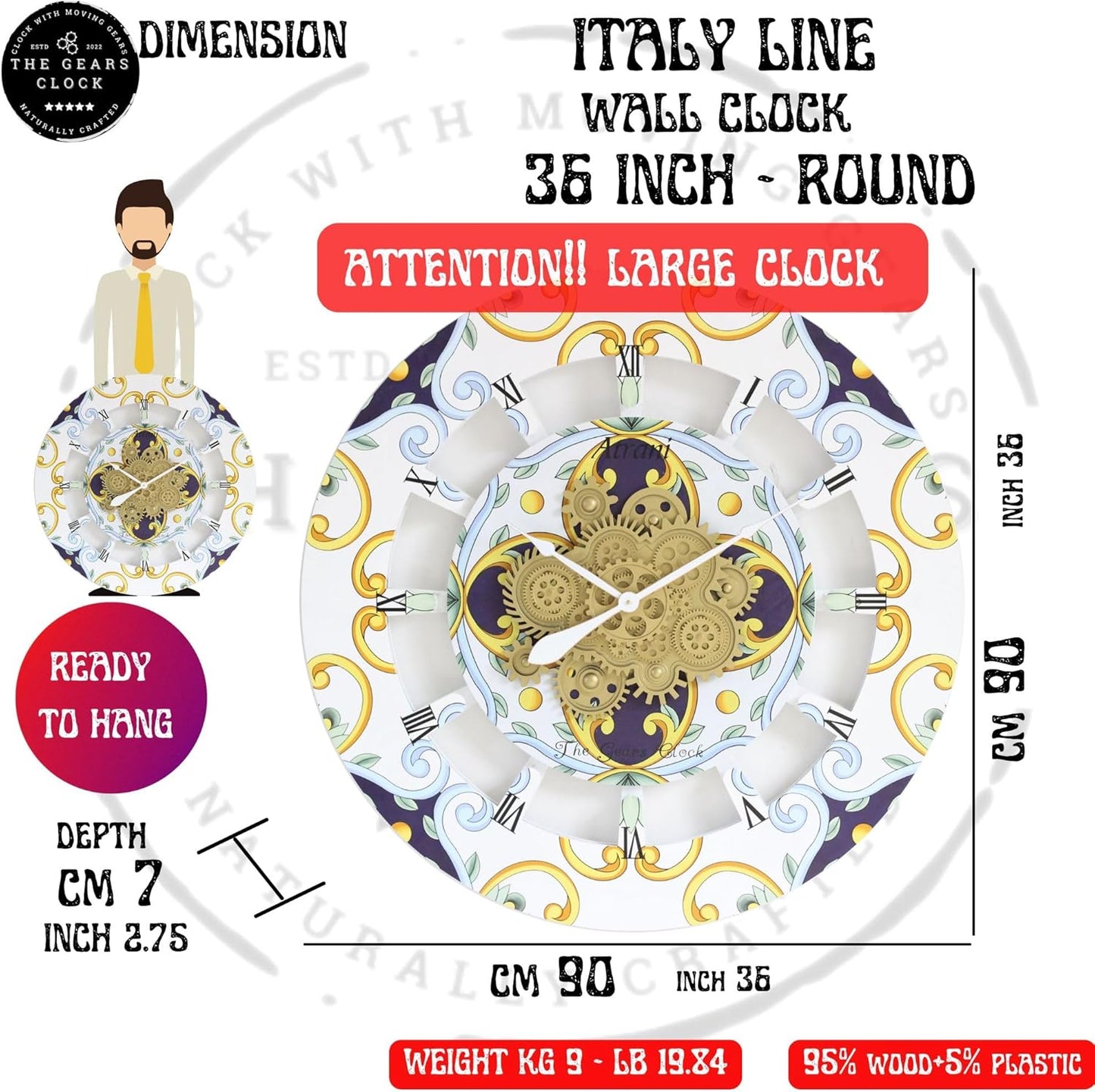 The Gears Clock Wall Clock Italy Collection with Moving Gears (Maiori, 36 inch Round)