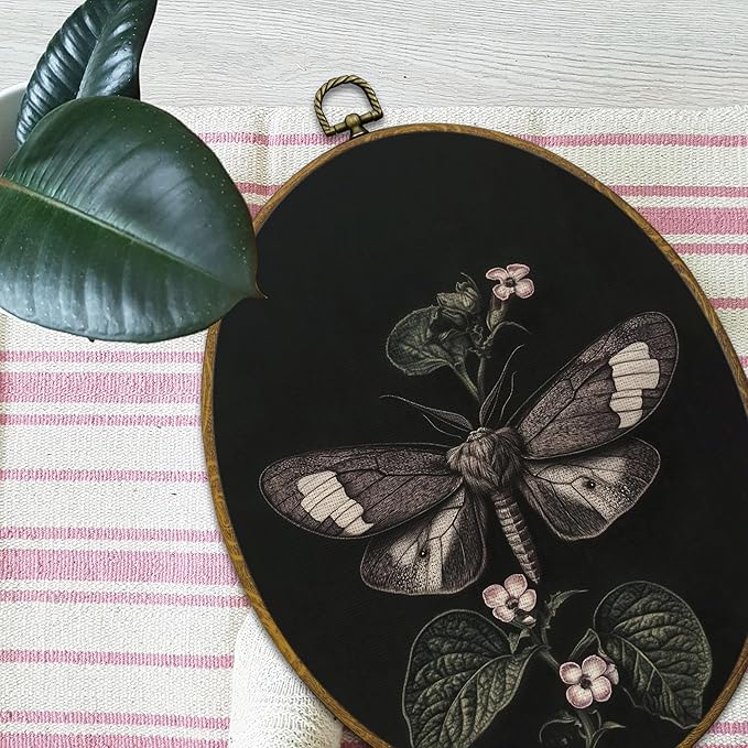 Mcehtle Vintage Butterfly Wall Art Decor, Moody Moth Botanical Cottagecore Oval Framed Canvas Prints 8.6x11.4, Academia Insect Wall Hanging Artwork Decorations for Gallery Home Bedroom Living Room