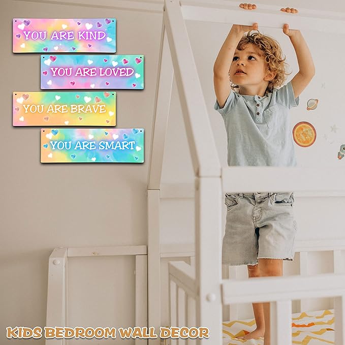 4 Pieces Tie Dye Decor Kids Room Wall Decor Wooden Sign - Motivational Wall Art For Kids Room Nursery Playroom Classroom - You Are Loved Brave Kind Smart(Sign-04)