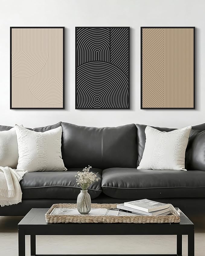 Drsoum Minimalist Boho Wall Art Framed Modern Abstract Neutral Line Wall Decor Mid Century Geometric Artwork Bedroom Living Room 16x24in Black Framed