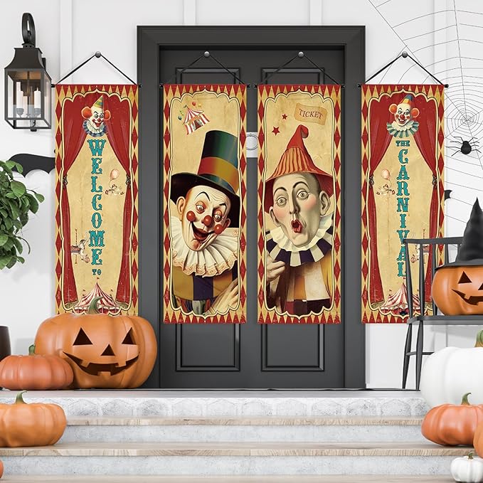 Tiamon 4 Pcs Vintage Christmas Halloween Carnival Porch Banners Retro Santa Clown Stretching Portraits Wall Decorations Gothic Porch Sign Backdrop for Xmas Indoor Outdoor Hanging Decor (Circus)